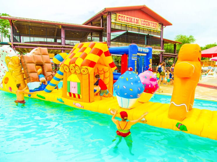 Large inflatable structure in the pool.