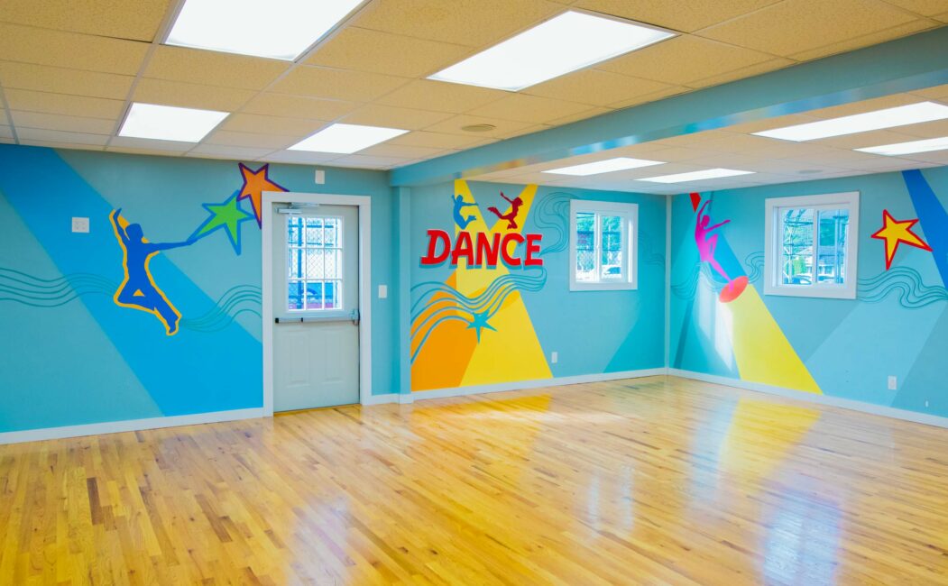Interior of dance studio with colorfully painted walls