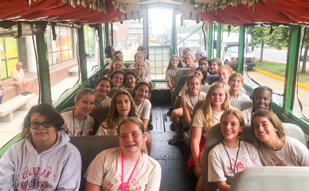 Group of girl campers on Boston Duck Tours bus