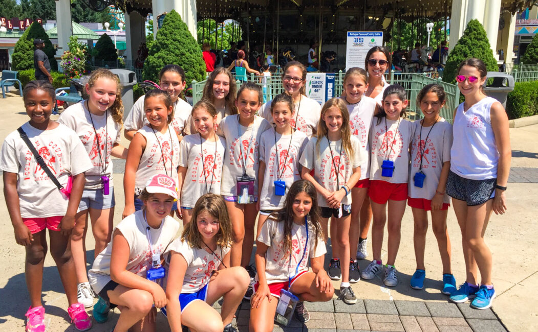 Large group of girl campers on an overnight trip