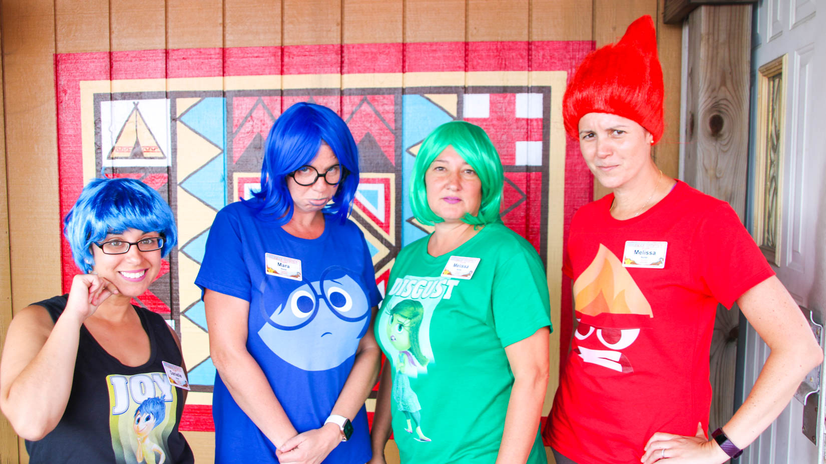 Counselor dressed up in "Inside Out" costumes.